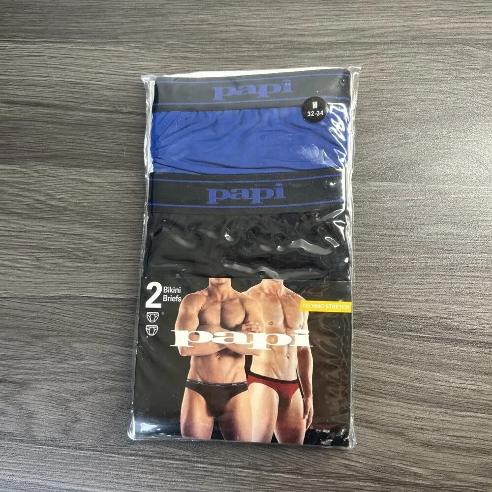 PAPI Techno Stretch Men’s Bikini Briefs 2 Pcs Size M 32-34 New Sealed Blue Black